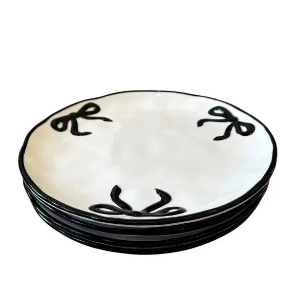 Hand Painted Coquette Black Bow Dinner Plates 10.25in White Ceramic Set of 4 NEW